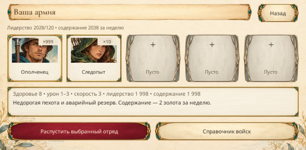 The Your Army screen with Militia and Ranger stack cards, leadership and weekly upkeep (Russian interface)