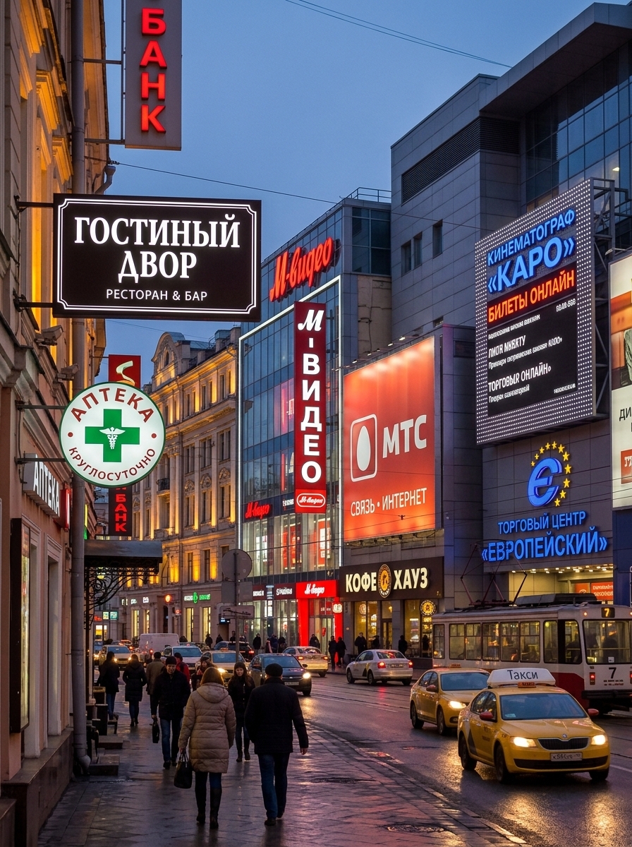 Разнообразие световых панелей-кронштейнов и вывесок на центральной улице города — МТС, Аптека, Каро, Банк, Гостиный двор