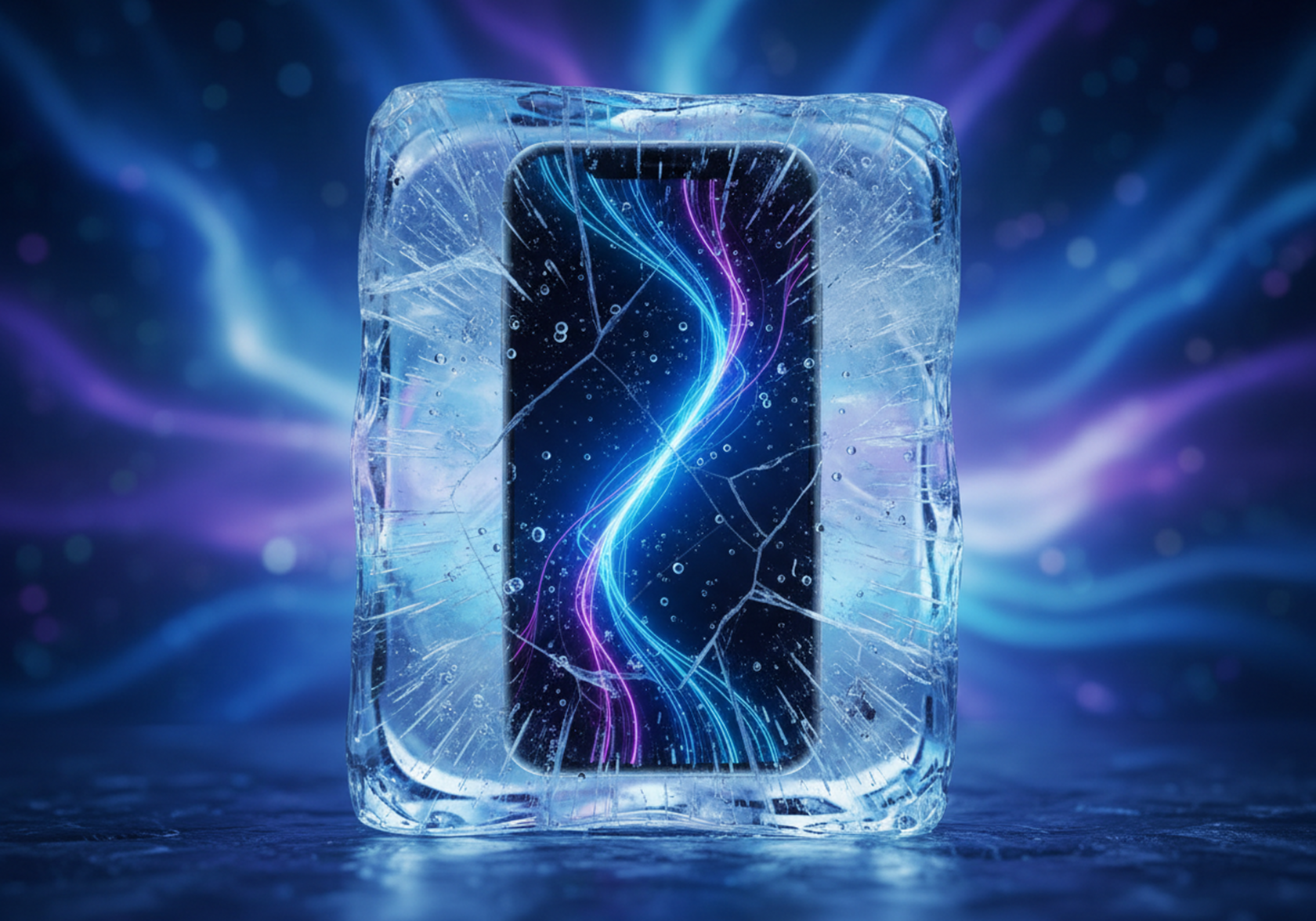 Смартфон замороженный в куске льда