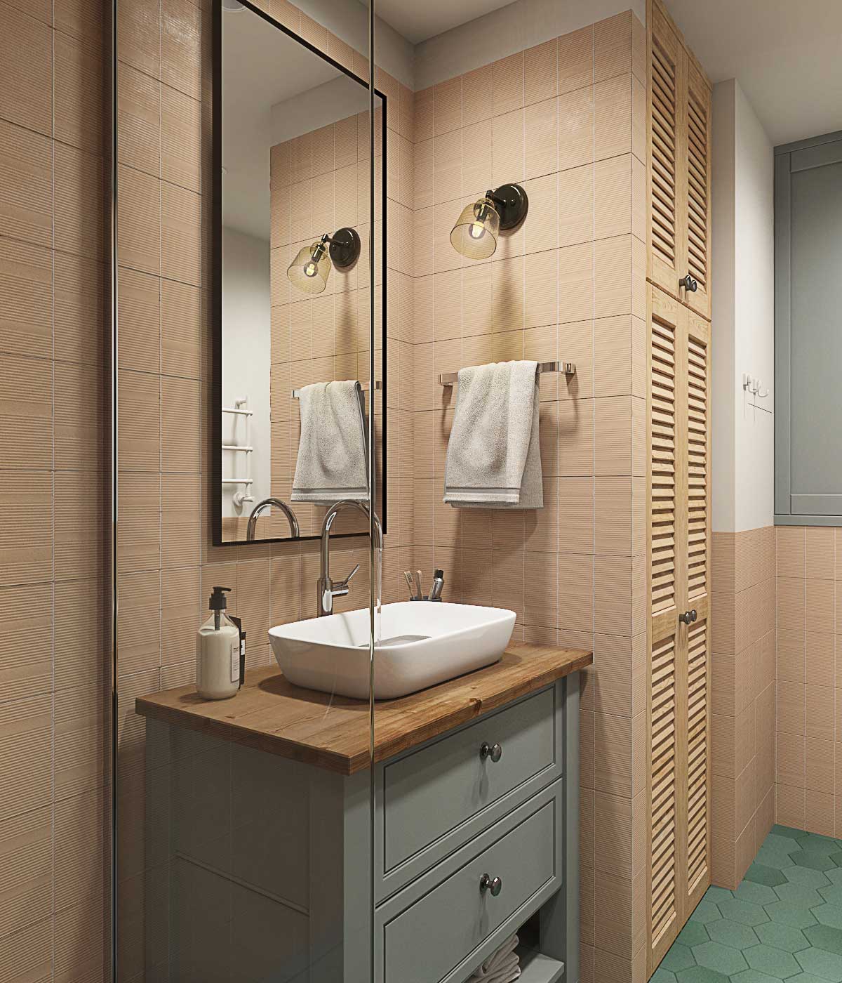 серая тумба под накладную раковину. Колона для стиральной и сушильной машины. Песочная персиковая настенная плитка, светильник над раковиной, 