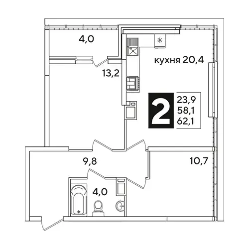 Планировка ЖК Новые Сезоны 2 — Двухкомнатные: вариант 7