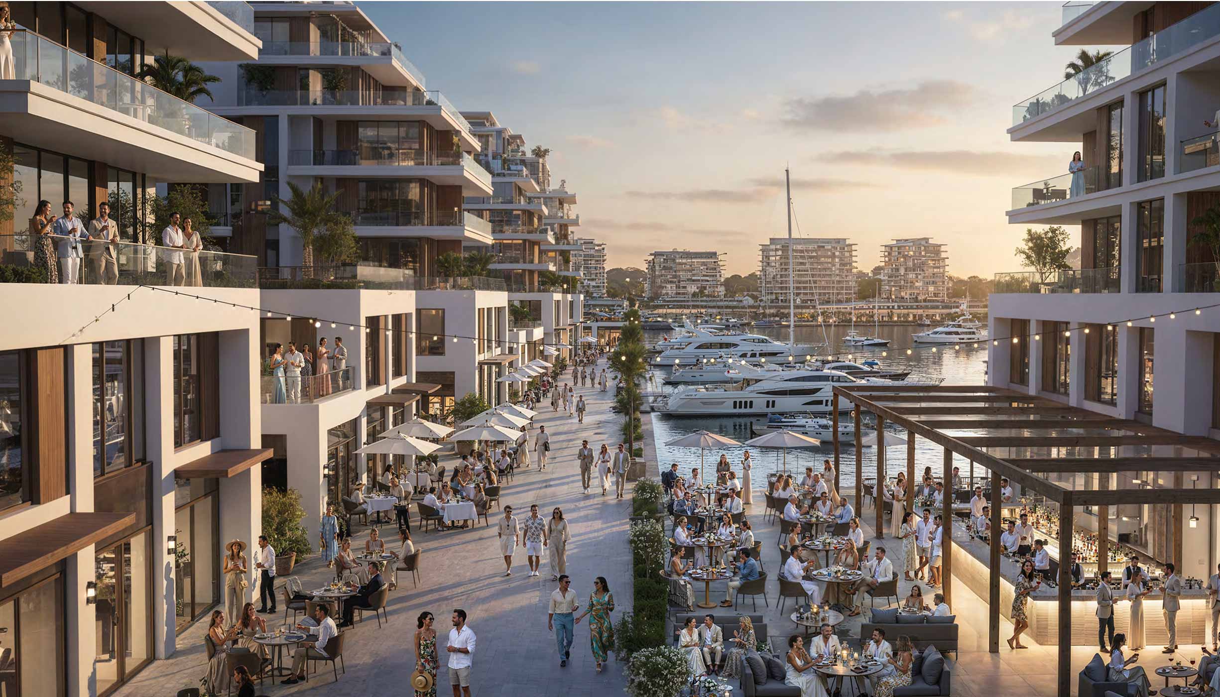 Оживлённая и многолюдная главная набережная Батуми в «золотой час»: рендер проекта Gonio Yacht & Marina.