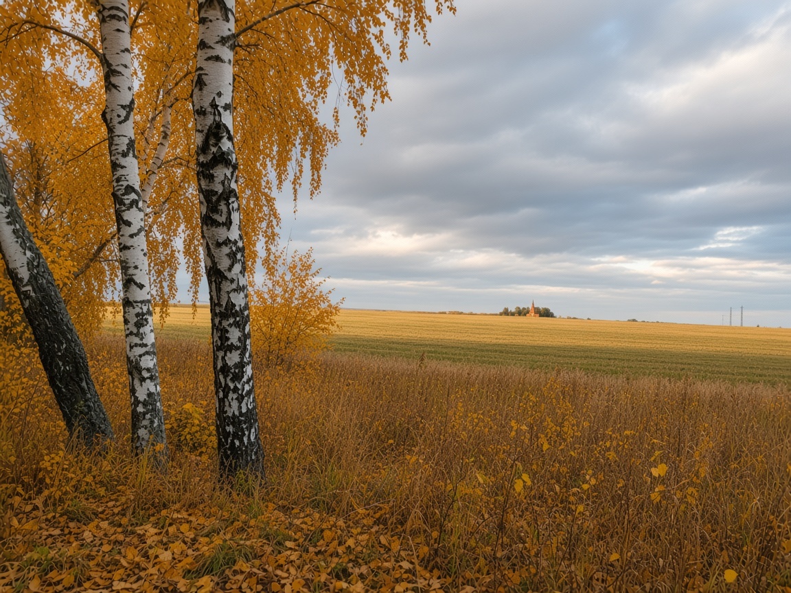 Поля и берёзы за лесом осенью