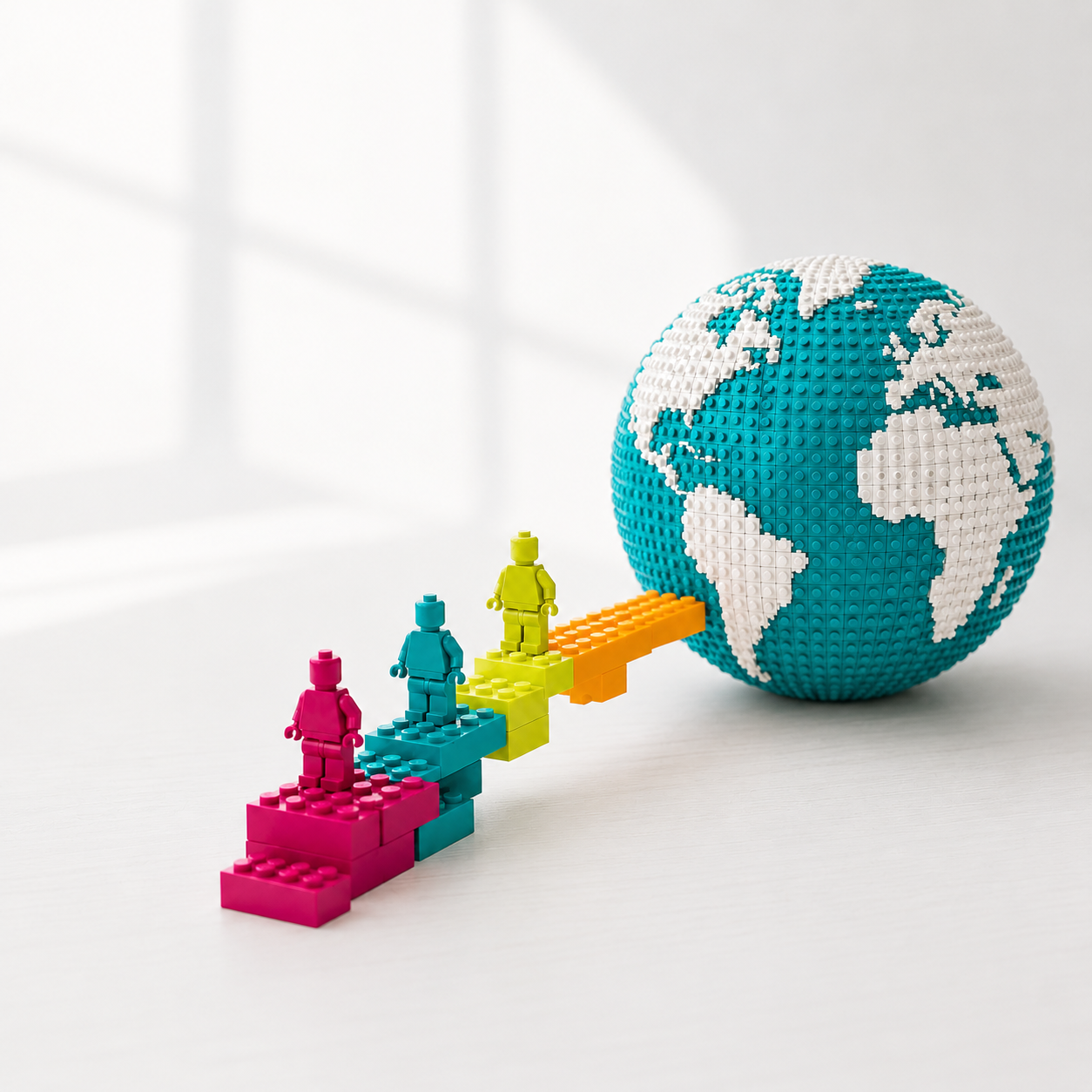 Three colourful LEGO-style figures follow a shared path toward a brick-built globe symbolising global alignment.