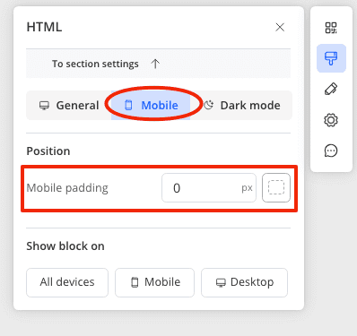 Mobile mode settings for HTML block