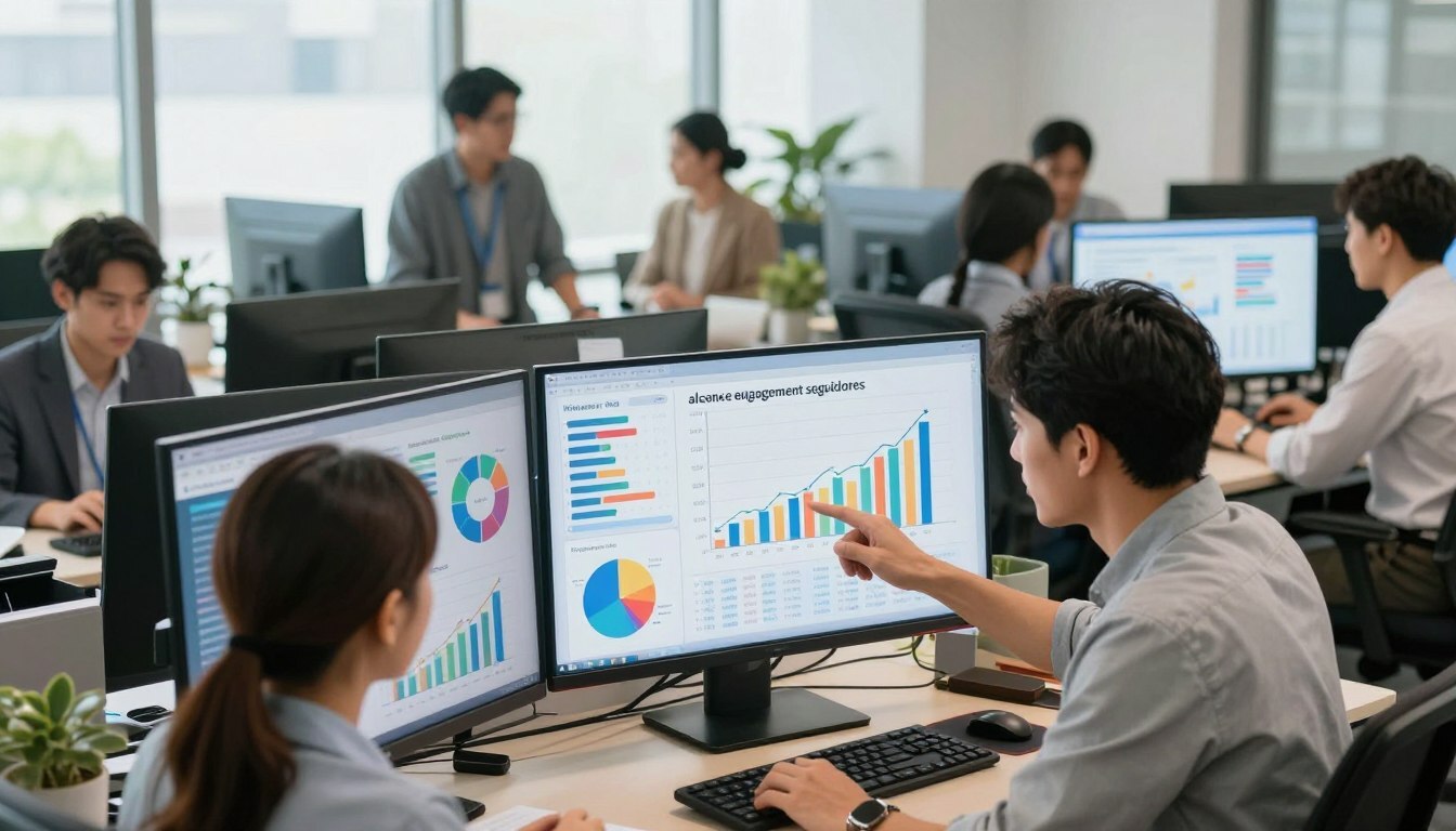 A modern office environment bustling with activity