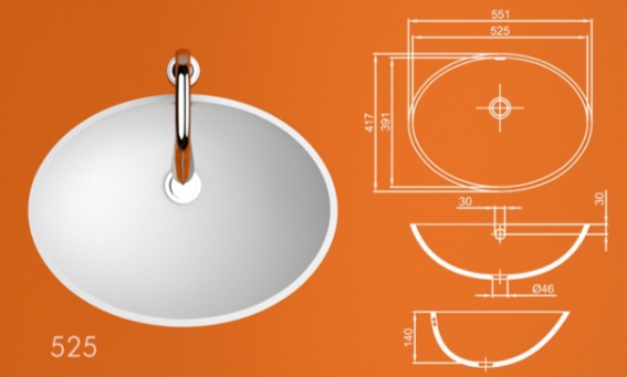 Раковина 525 из акрилового камня, размеры: ширина 525 мм, глубина 377 мм, высота борта 120 мм. Овальная форма, схема параметров и монтажа.