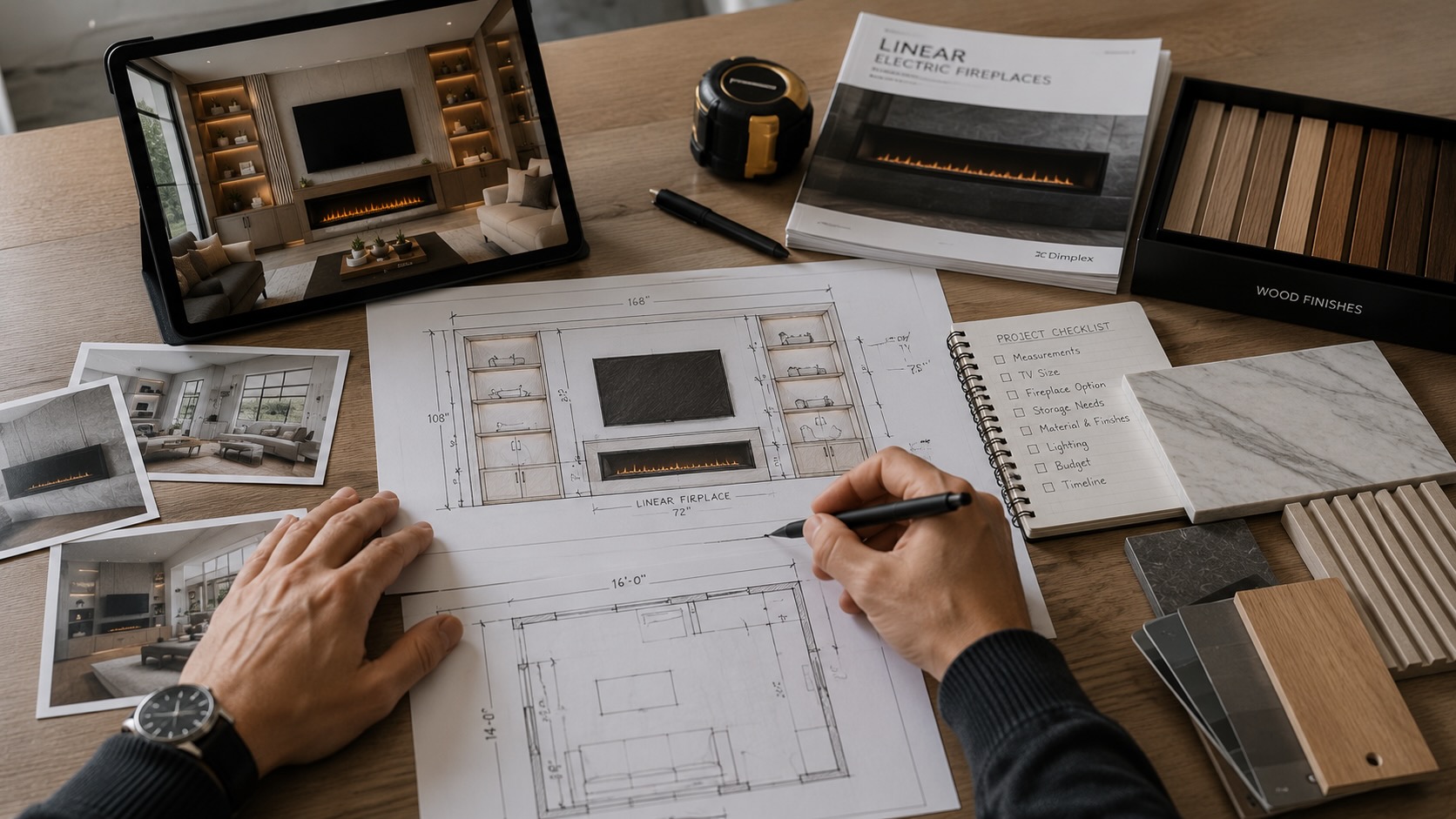 Professional design consultation for a custom media wall and fireplace feature wall featuring architectural drawings, room measurements, fireplace specifications, material samples, and project planning tools.