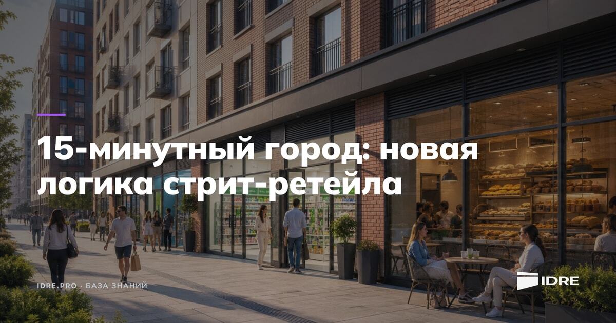 Торговый ряд с пекарней и магазином в современном жилом квартале, покупатели на летней веранде
