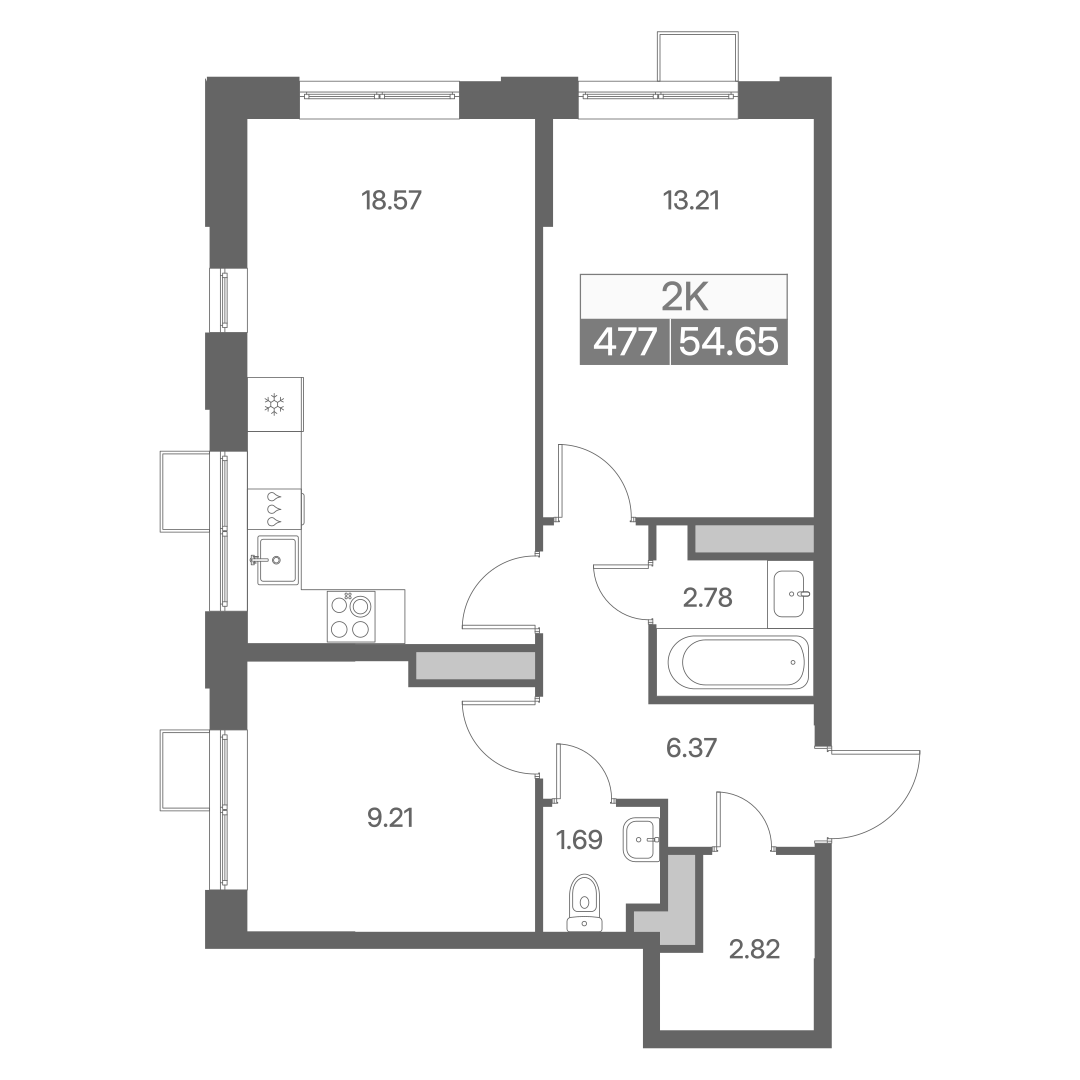 Планировка двухкомнатной квартиры 54.65 м² в ЖК Новая Львовская
