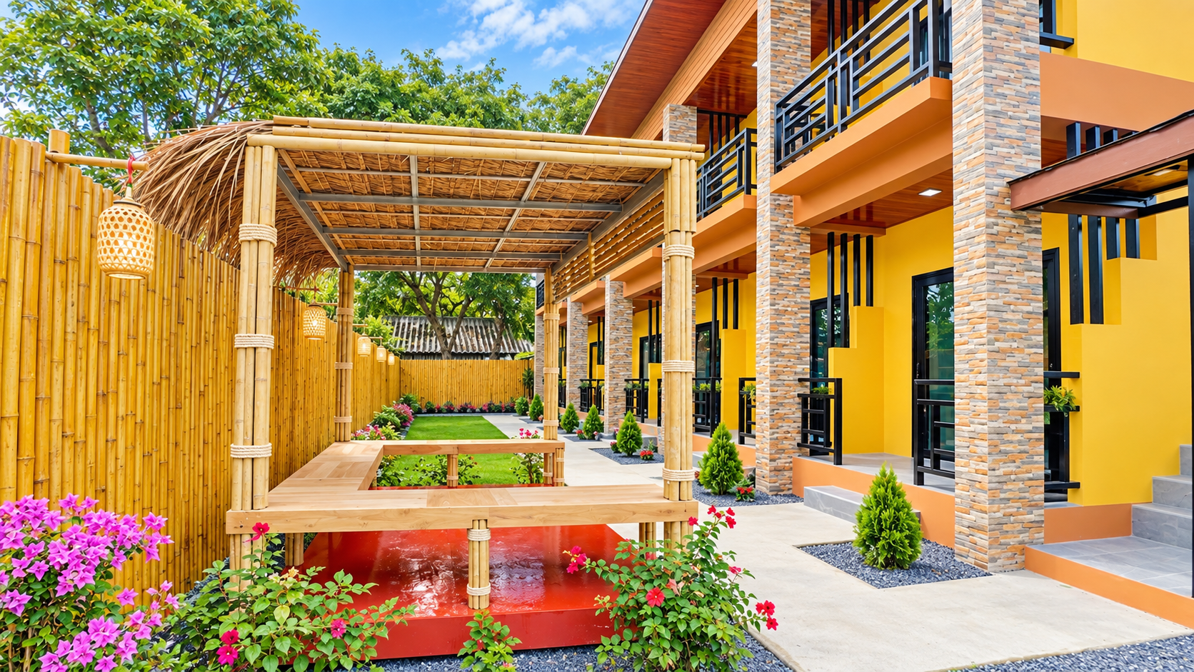 Bamboo-screened garden with lawn and blooming bougainvillea beside the hotel
