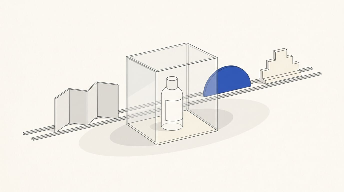 A bottle with a blank label sits inside a protective frame in front of a separate rail of interchangeable backgrounds.