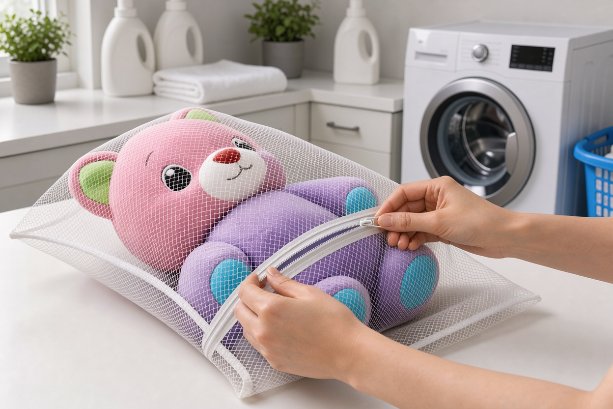 large plush toy in a mesh laundry bag ready for machine wash, hands zipping the bag, neutral home laundry setting, no brand logos