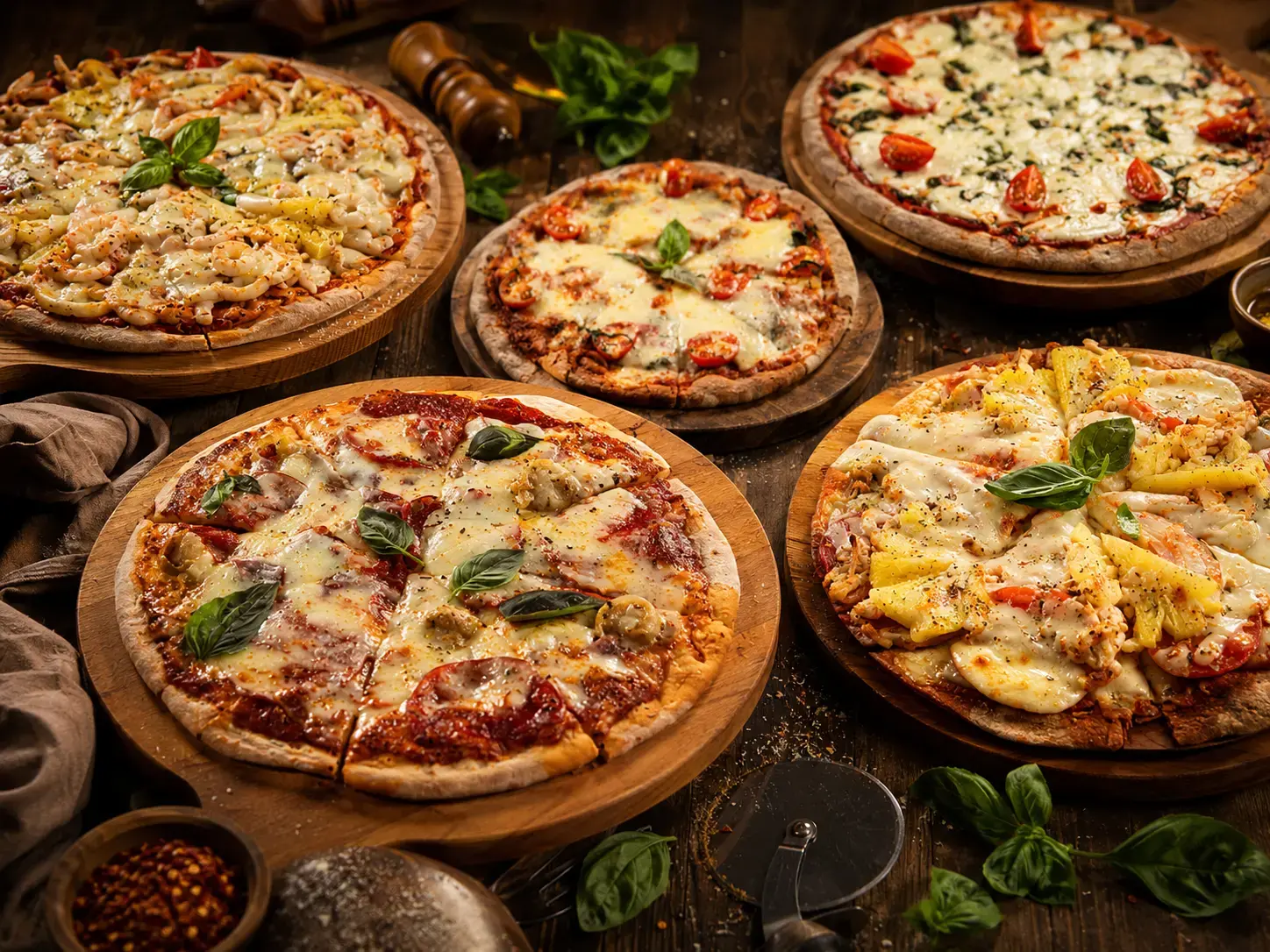 A wonderful variety of freshly baked pizzas arranged beautifully on a rustic wooden dining table.