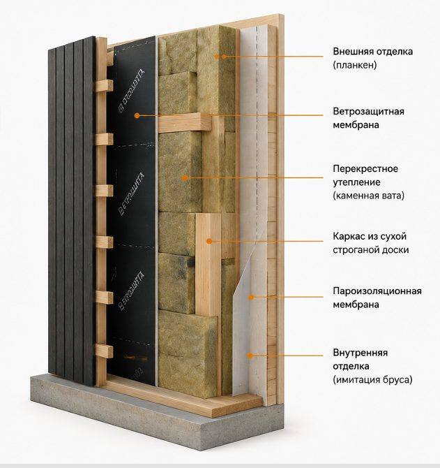 Стена каркасного дома в разрезе: внешняя отделка, ветрозащитная мембрана, перекрёстное утепление каменной ватой, каркас из сухой строганой доски, пароизоляция, внутренняя отделка