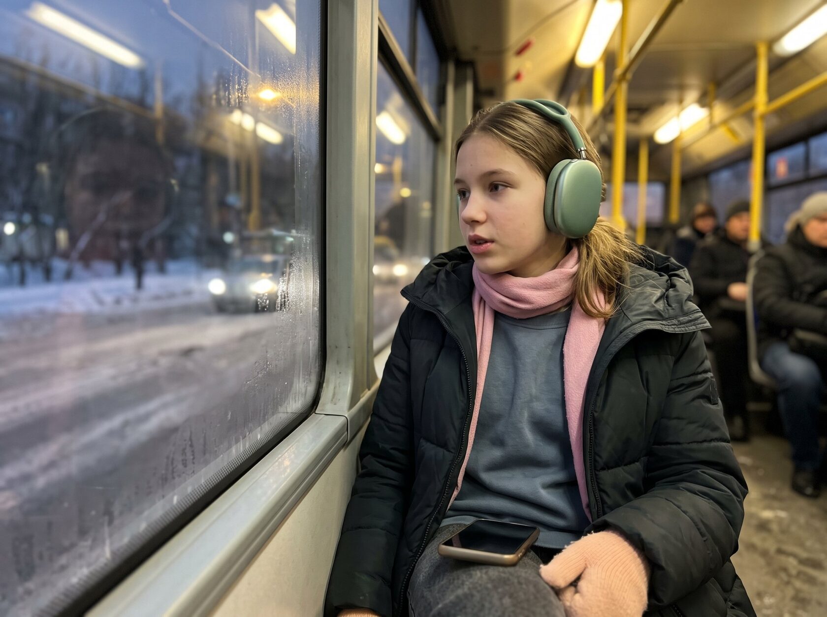 Девятиклассница в зелёных наушниках едет в автобусе после школы и смотрит в окно на заснеженную улицу