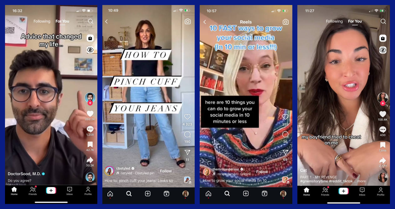 The image shows four screenshots: two of them are TikTok videos, two are Instagram Reels videos. The screenshots demonstrate the different types of hooks that content creators use.