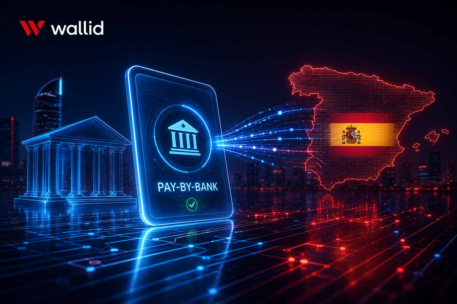 Pantalla digital futurista mostrando pagos pay by bank conectados a la infraestructura bancaria española para tiendas Shopify y WooCommerce.
