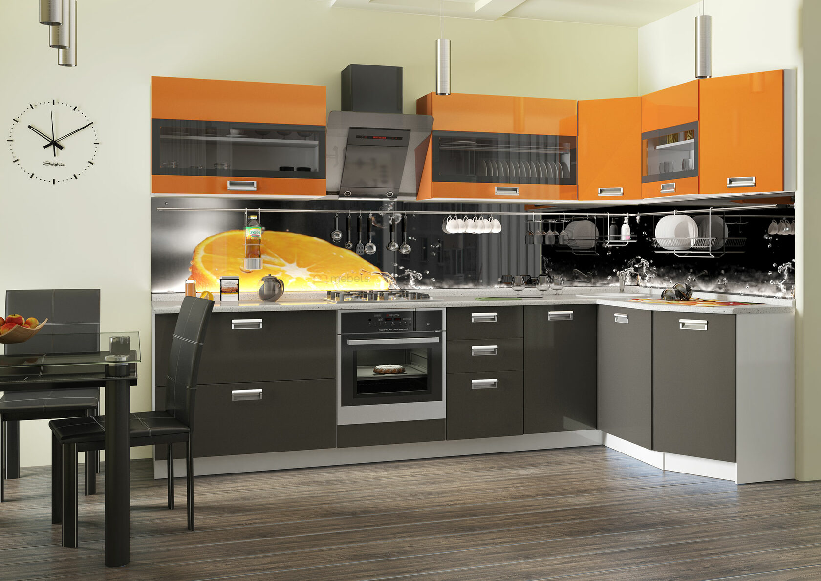 Кухня оранжевая с черным угловая