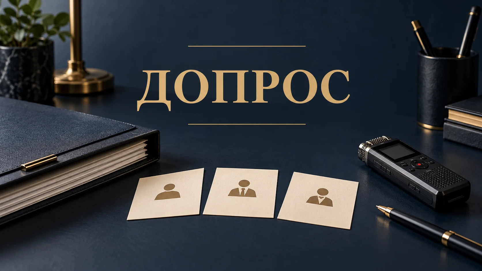 Концептуальная обложка статьи «Допрос по делу компании» с папкой, диктофоном и заголовком «ДОПРОС»