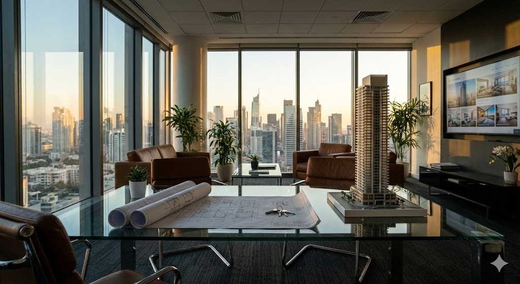 Современный офис агентства недвижимости с панорамным видом на город и ключами на столе