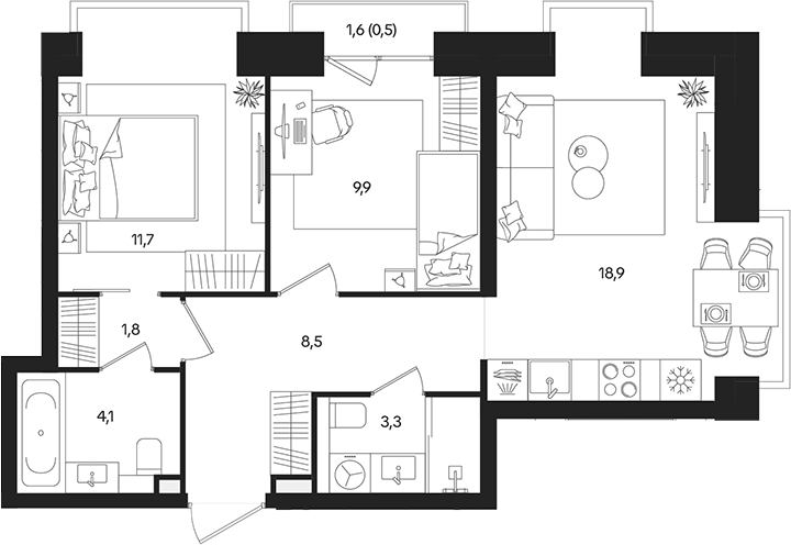 3‑комн квартира ~60 м²
