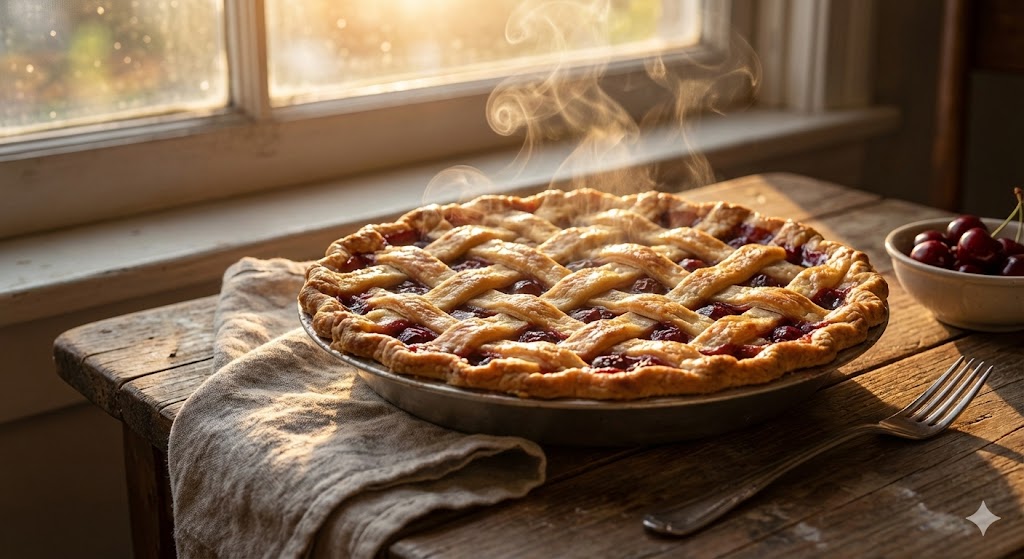 Свежеиспеченный вишневый пирог на деревянном столе в честь Всемирного дня пирога