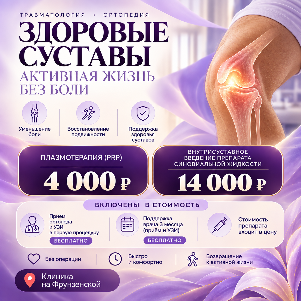 Лечение суставов — плазмотерапия PRP и внутрисуставные инъекции