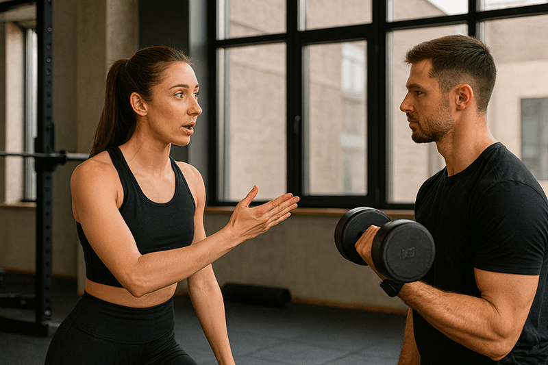 Тренер объясняет клиенту правильную технику упражнения с гантелью в спортзале. Визуал передает идею, что обучение и умение объяснять важнее личных тренировок — ключевая мысль раздела о первой ошибке новичков.