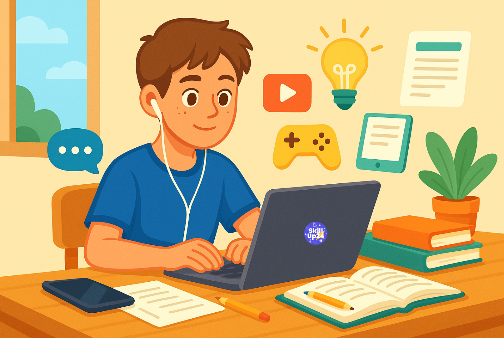 Подросток 14 лет сидит за ноутбуком, сочетая учебу и развлечения: рядом книги, тетради, планшет и значки игр и соцсетей, уютная домашняя атмосфера