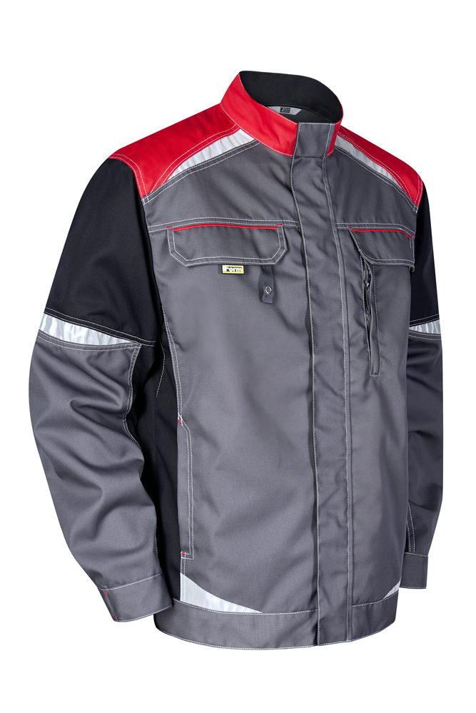 серая куртка с красными вставками на плечах съемка на белом фоне