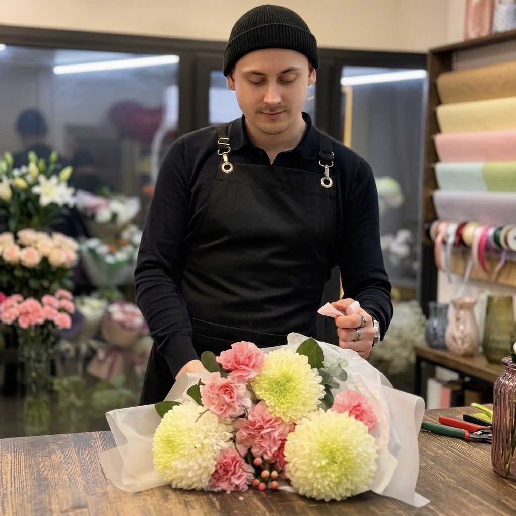 Флорист собирает авторский букет из свежих цветов для быстрой доставки по Москве