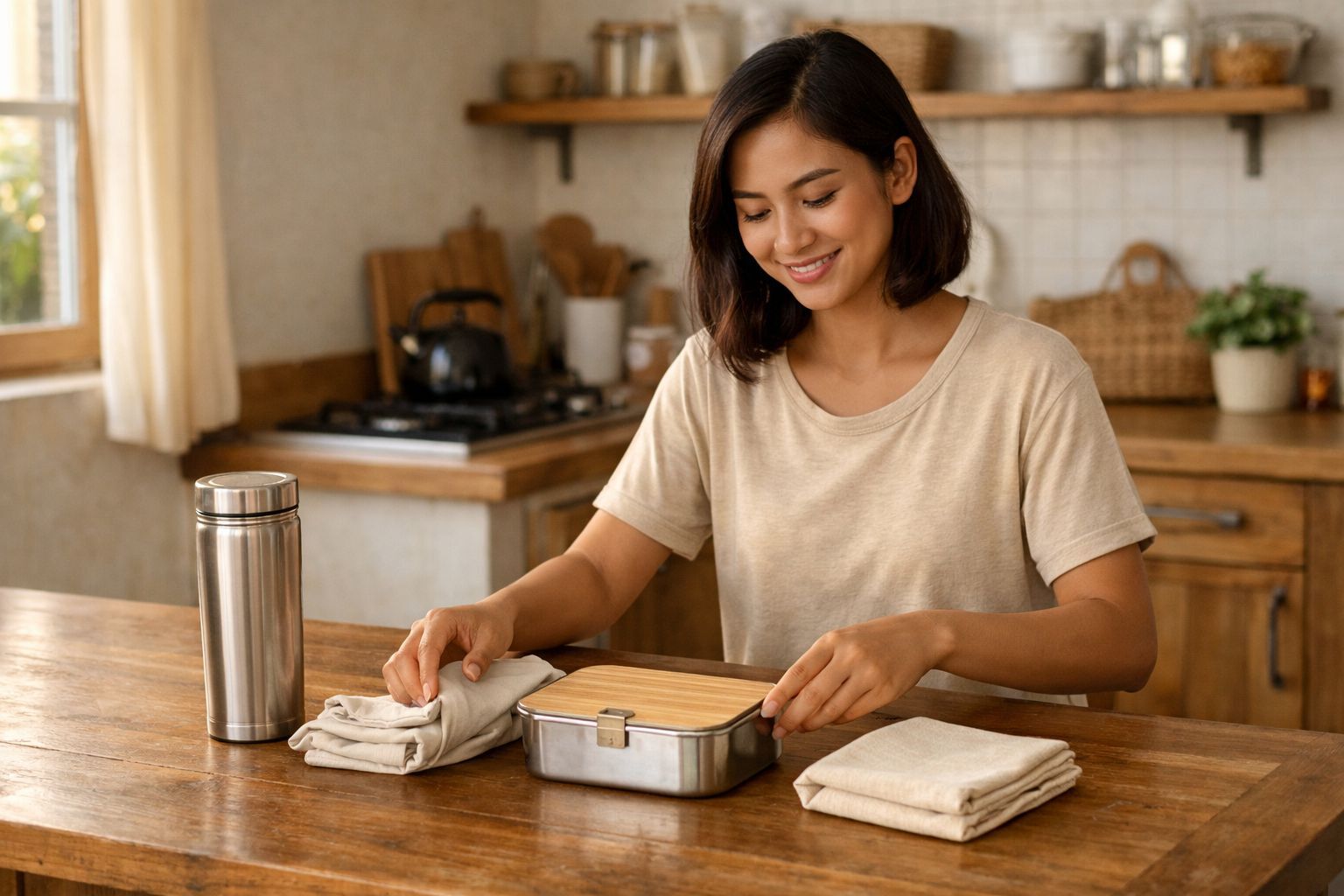 Tumbler tas belanja lipat dan wadah makan reusable untuk gaya hidup ramah lingkungan