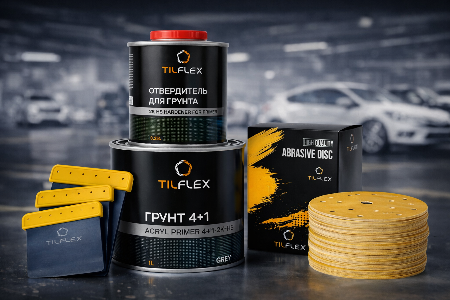 Материалы TILFLEX: грунт, отвердитель и абразивные диски для кузовного ремонта