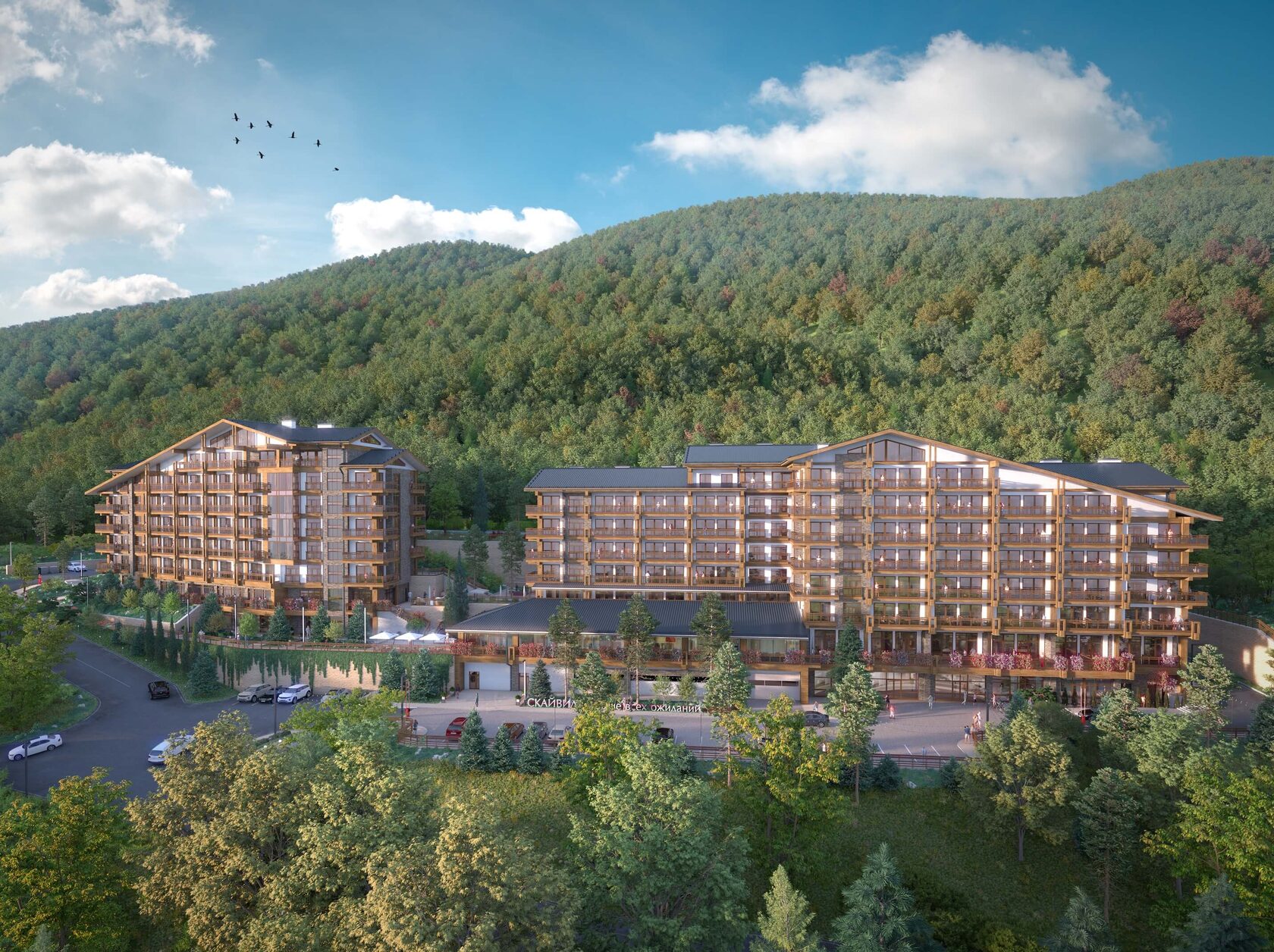 Скайвилль — вид с террасы на горы