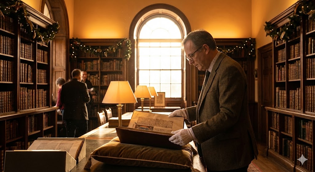 Историк изучает старинный манускрипт в библиотеке во Всемирный день историка