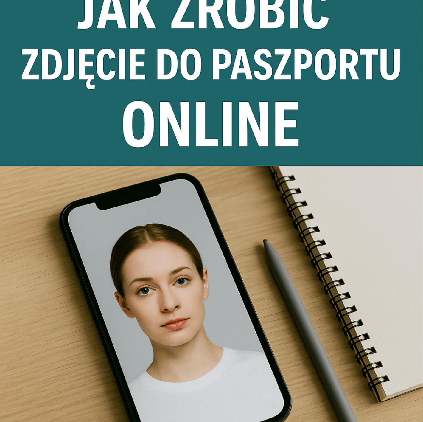 Laptop z otwartą stroną internetową do robienia zdjęcia do paszportu online, z paszportem i aparatem fotograficznym na biurku — ilustracja do artykułu o zdjęciach paszportowych online w Polsce