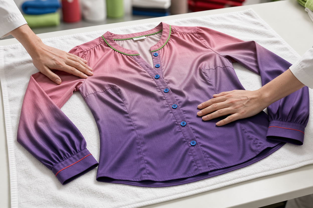 A viscose blouse drying flat on a clean towel indoors, shaped and smoothed by hands, no hangers or radiators visible