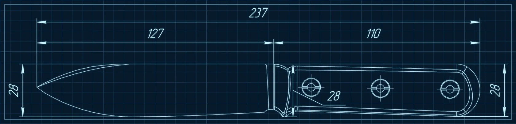 Предсерийный чертёж Kephart: клинок 127 мм, рукоять 110 мм, полная длина 237 мм