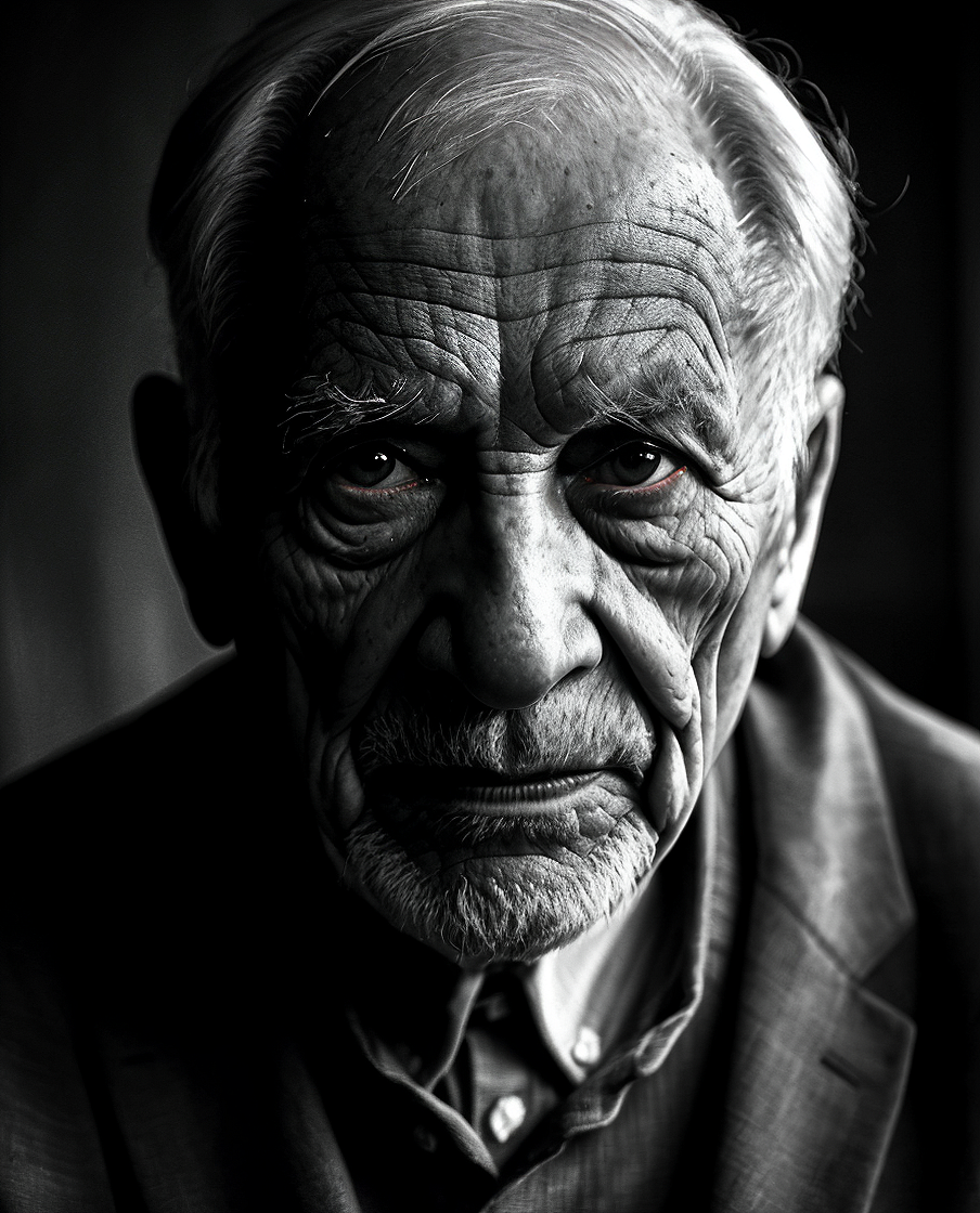 Detailed black and white portrait photography of an attractive elderly man with deep wrinkles, in the style of dark and dramatic chiaroscuro portraits, strong contrast between light and dark, thoughtful expression --ar 4:5 --lora realism darkandlight