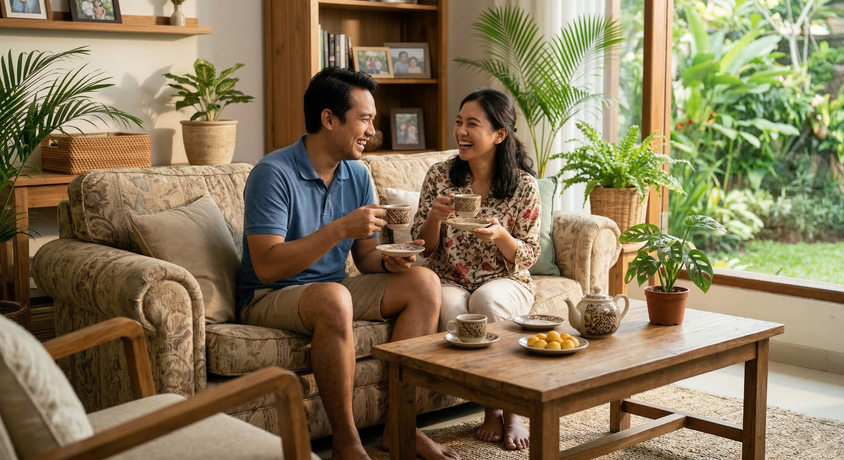 Pasangan menikmati waktu santai di ruang tamu sambil minum teh, ilustrasi hubungan yang nyaman, saling menghargai, dan memiliki batas yang sehat