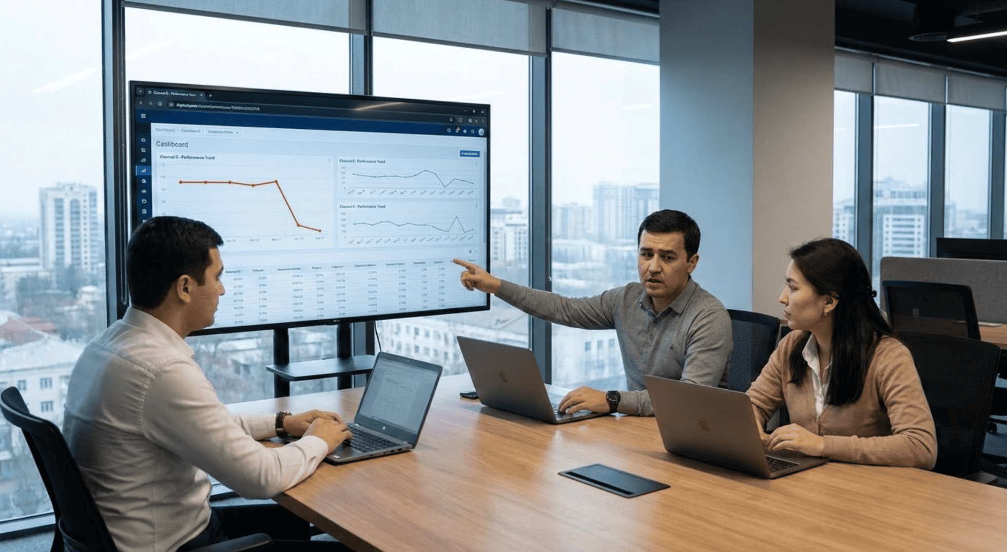 Marketing team in Tashkent analyzing underperforming ad channel performance data, illustrating the frozen budget problem in enterprise campaign management.