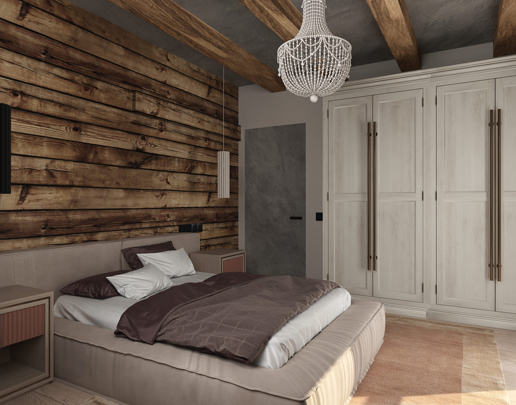 спальня с досками на стене за изголовьем кровати в стиле лофт, скрытая дверь под бетон, балки, шкаф из массива, люстра-кантри