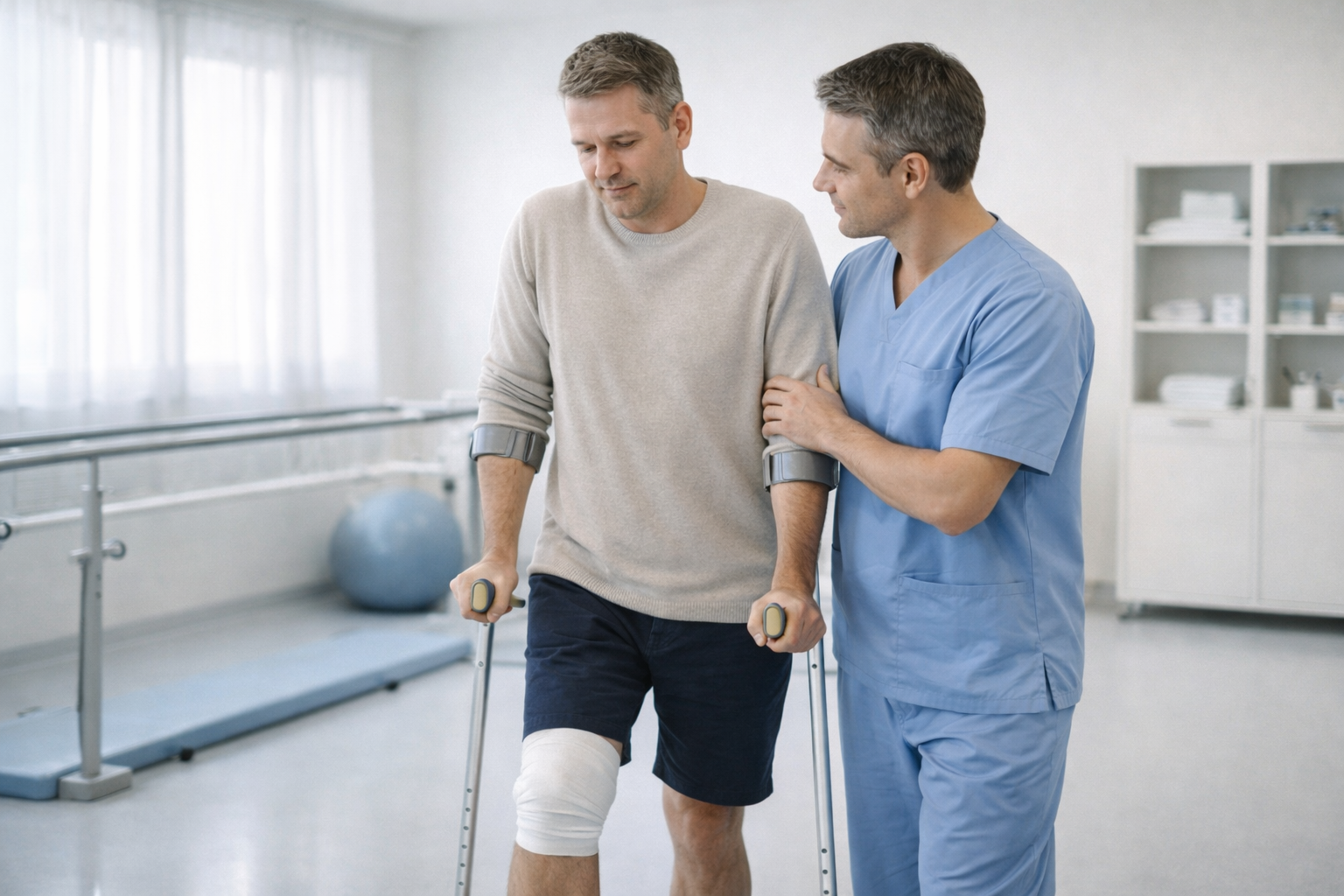 Восстановление после операции одного дня: пациент учится ходить с костылями под контролем специалиста ЛФК