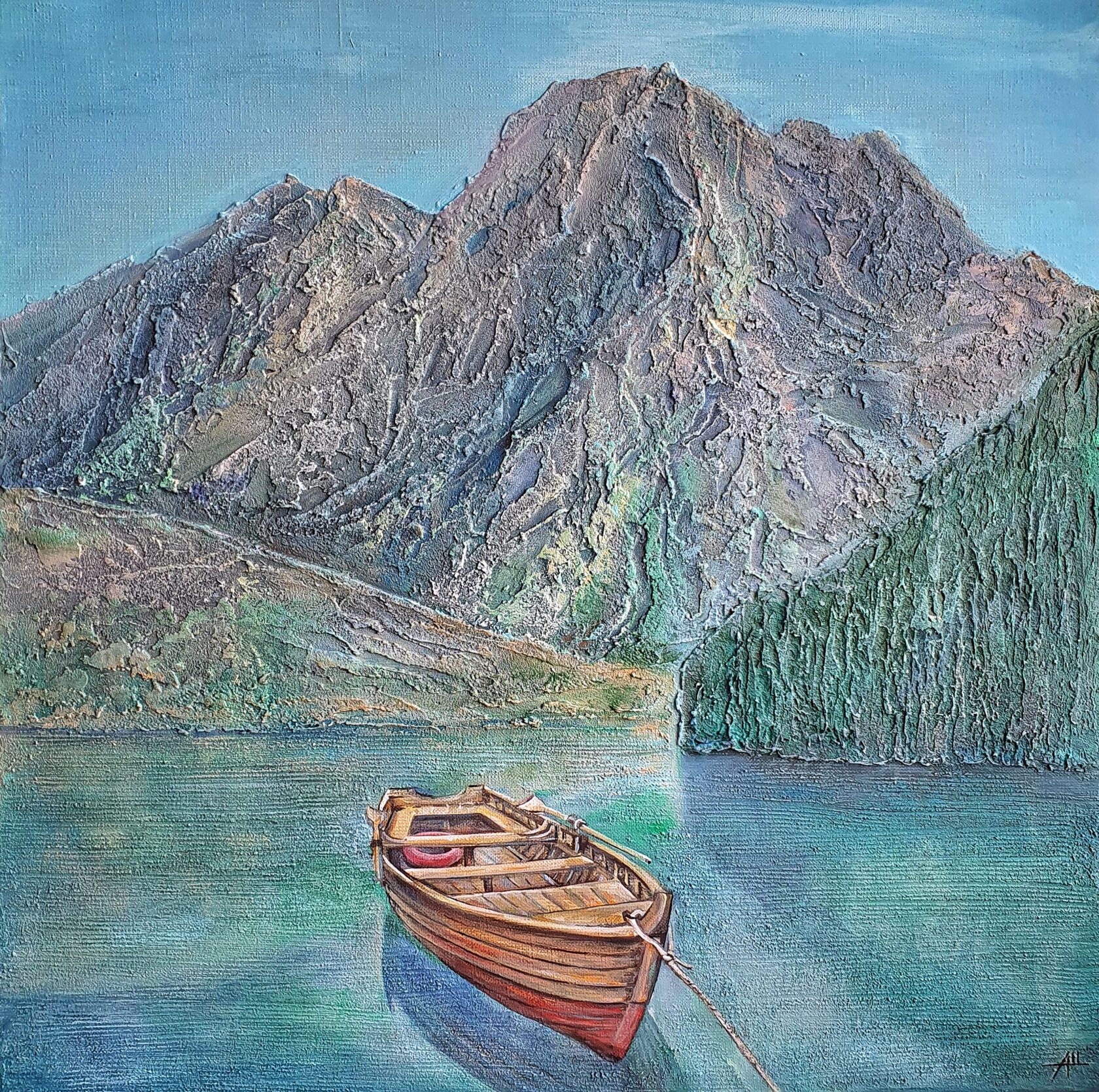 Картина горы бухта лодка