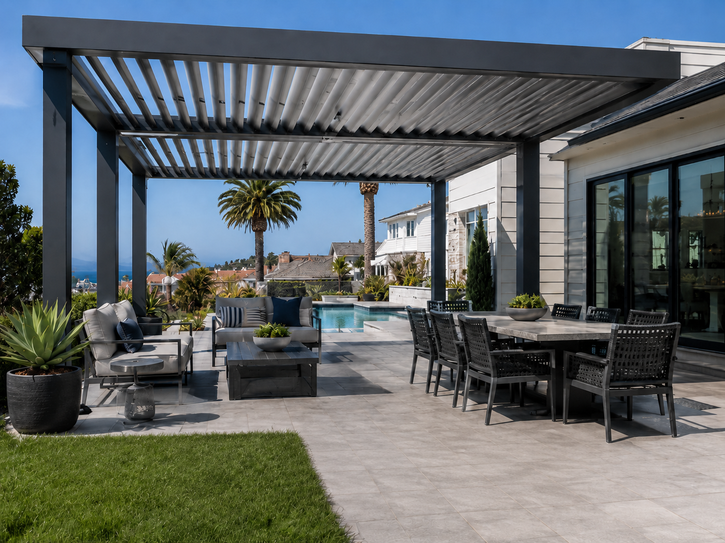 modern charcoal aluminum pergola for Irvine backyard
