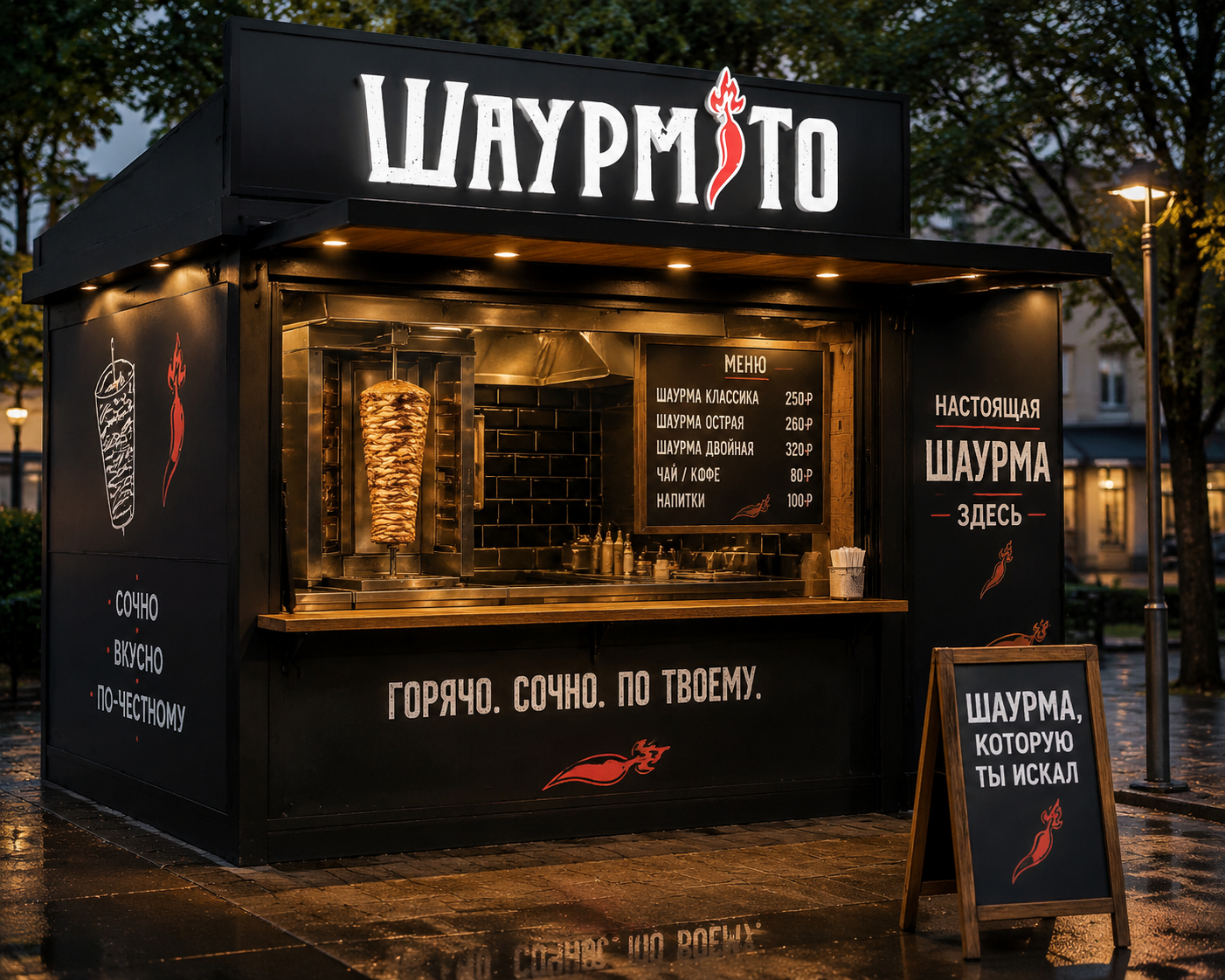 Шаурмичная-точка ночью — павильон street-food