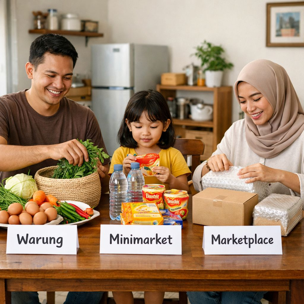 Keluarga membandingkan warung, minimarket, dan marketplace untuk belanja harian hemat di Indonesia