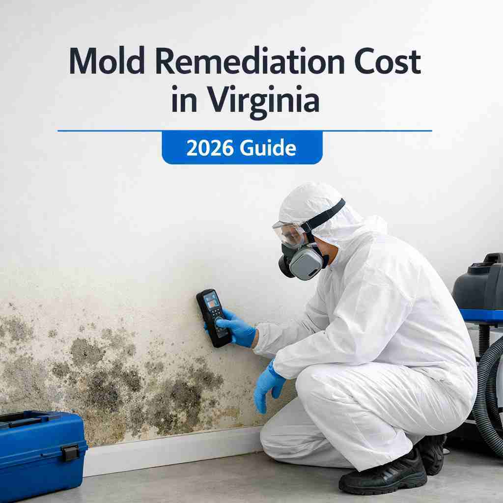 Mold remediation technician inspecting wall mold damage in residential basement in Virginia – mold removal cost guide 2026