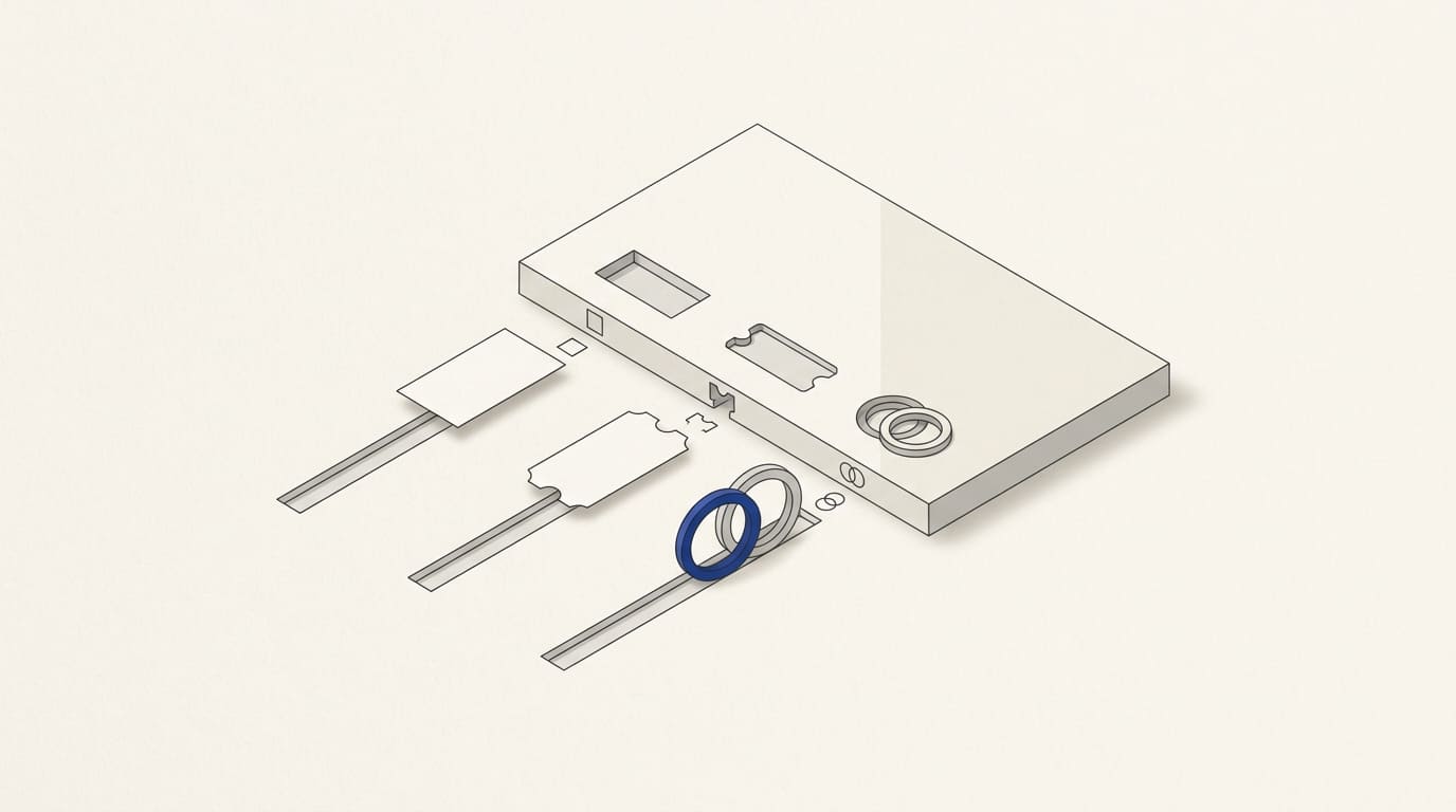 A business card, ticket and linked referral rings connect through separate routes to CRM slots.